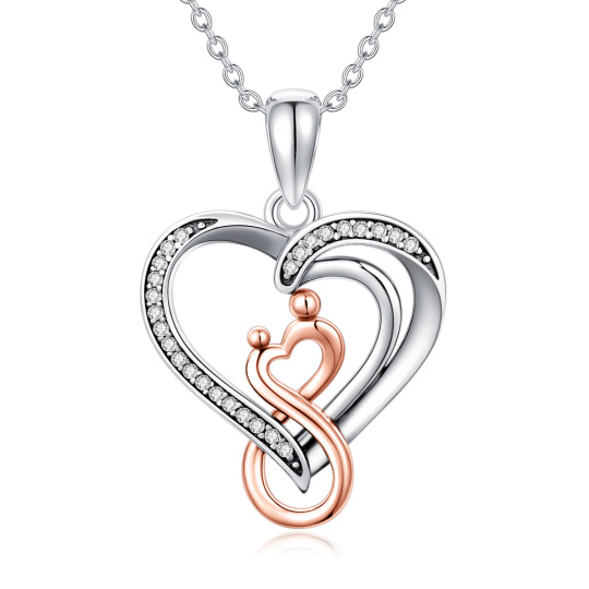 Sterling zilveren tweekleurige cirkelvormige cubic zirconia hart & oneindigheid symbool hanger ketting