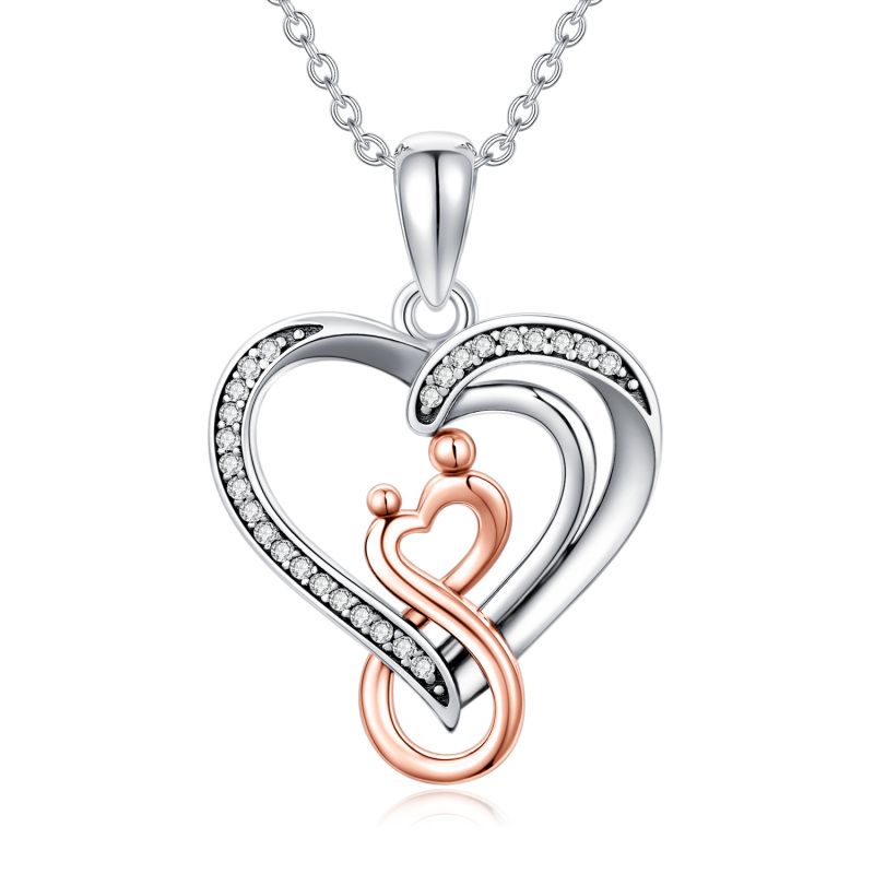 Sterling Silver Two-tone Circular Shaped Cubic Zirconia Heart & Infinity Symbol Pendant Necklace-15