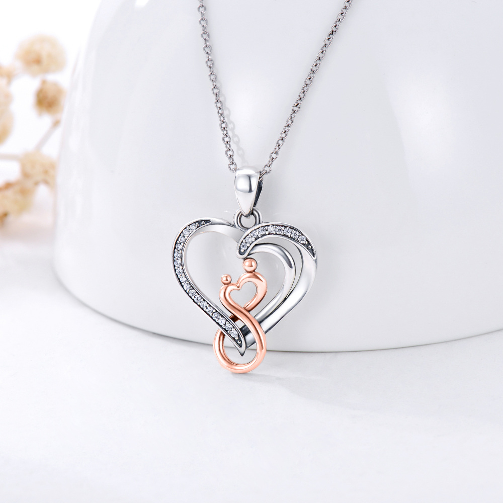Sterling Silver Two-tone Circular Shaped Cubic Zirconia Heart & Infinity Symbol Pendant Necklace-3