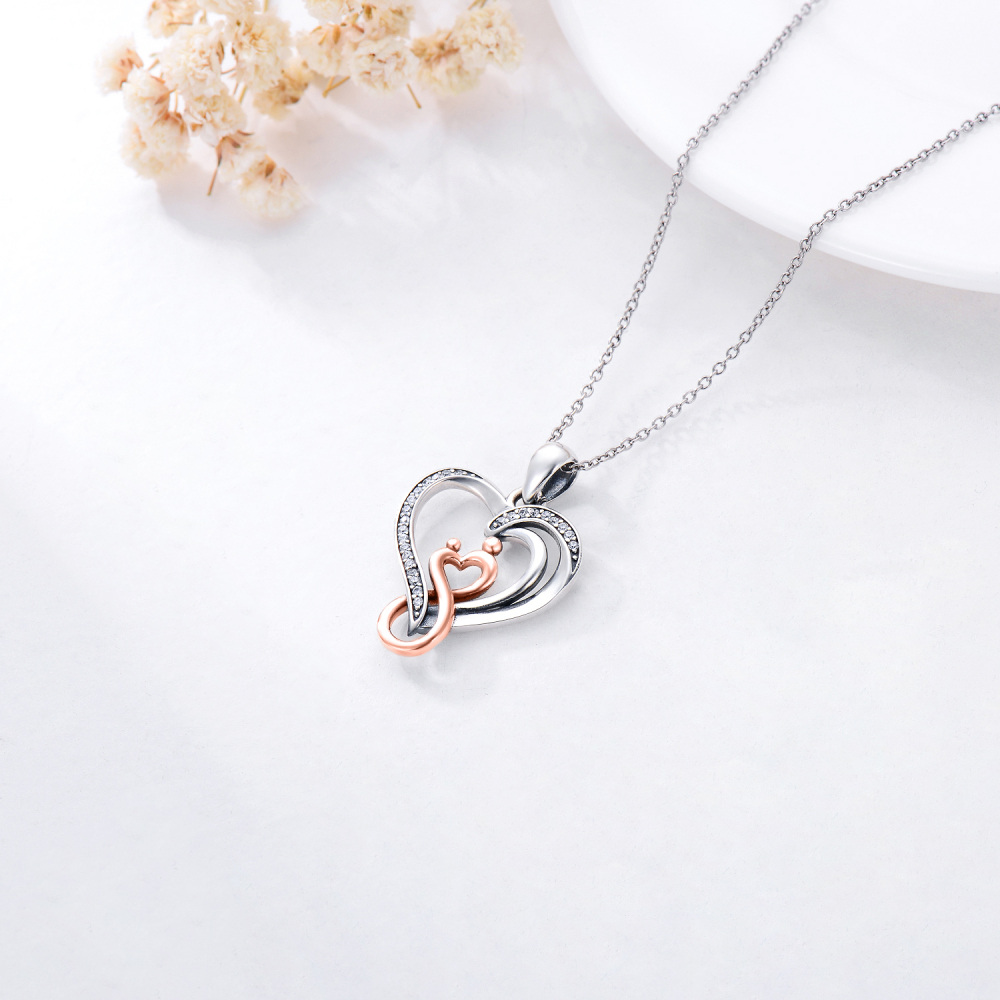 Sterling Silver Two-tone Circular Shaped Cubic Zirconia Heart & Infinity Symbol Pendant Necklace-4