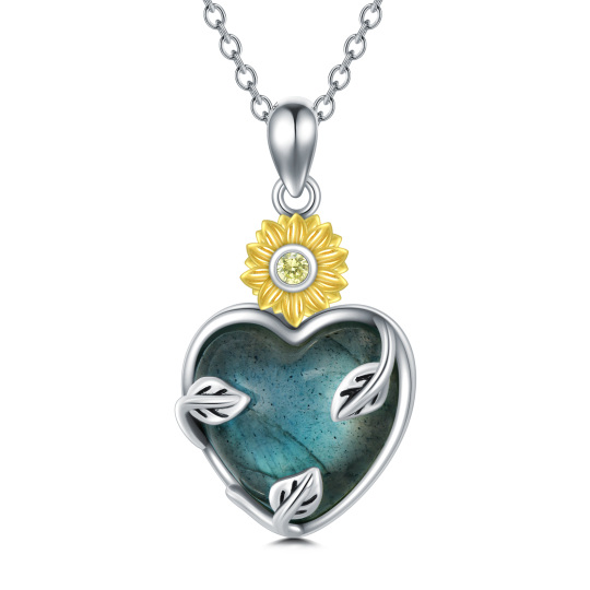 Sterling Silver Two-Tone Heart Cubic Zirconia Lablagite Sunflower Pendant Necklace For Women