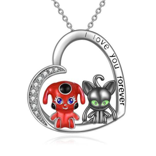 Collana bicolore in argento sterling a forma di cuore circolare con zirconia cubica, coccinella miracolosa e gatto noir con parola incisa