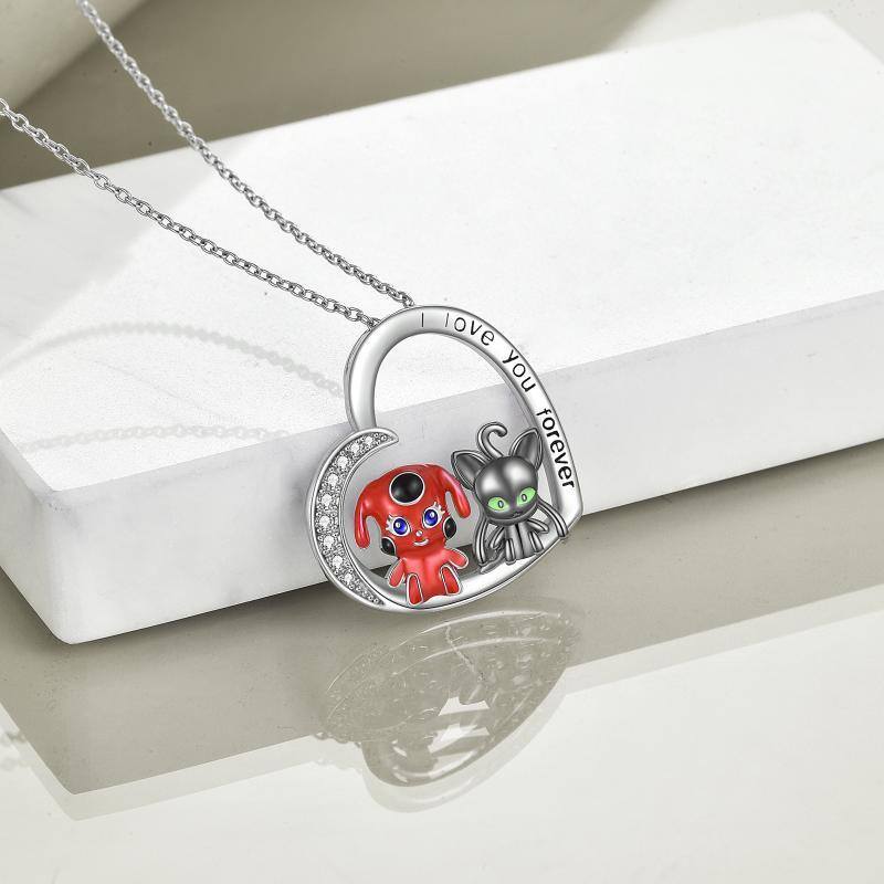 Sterling Silver Two-tone Circular Shaped Cubic Zirconia Heart & Miraculous Ladybug And Cat Noir Pendant Necklace with Engraved Word-4