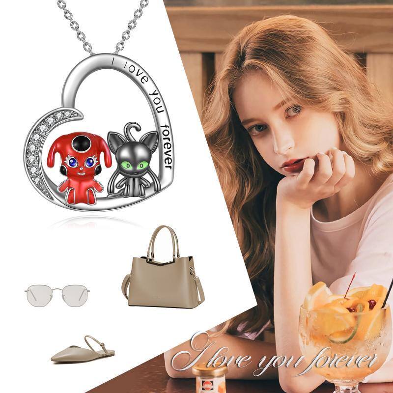 Sterling Silver Two-tone Circular Shaped Cubic Zirconia Heart & Miraculous Ladybug And Cat Noir Pendant Necklace with Engraved Word-6