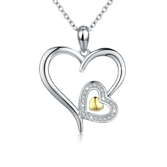 Collana in argento sterling bicolore a forma di cuore circolare con zirconi e cuore con ciondolo a forma di cuore