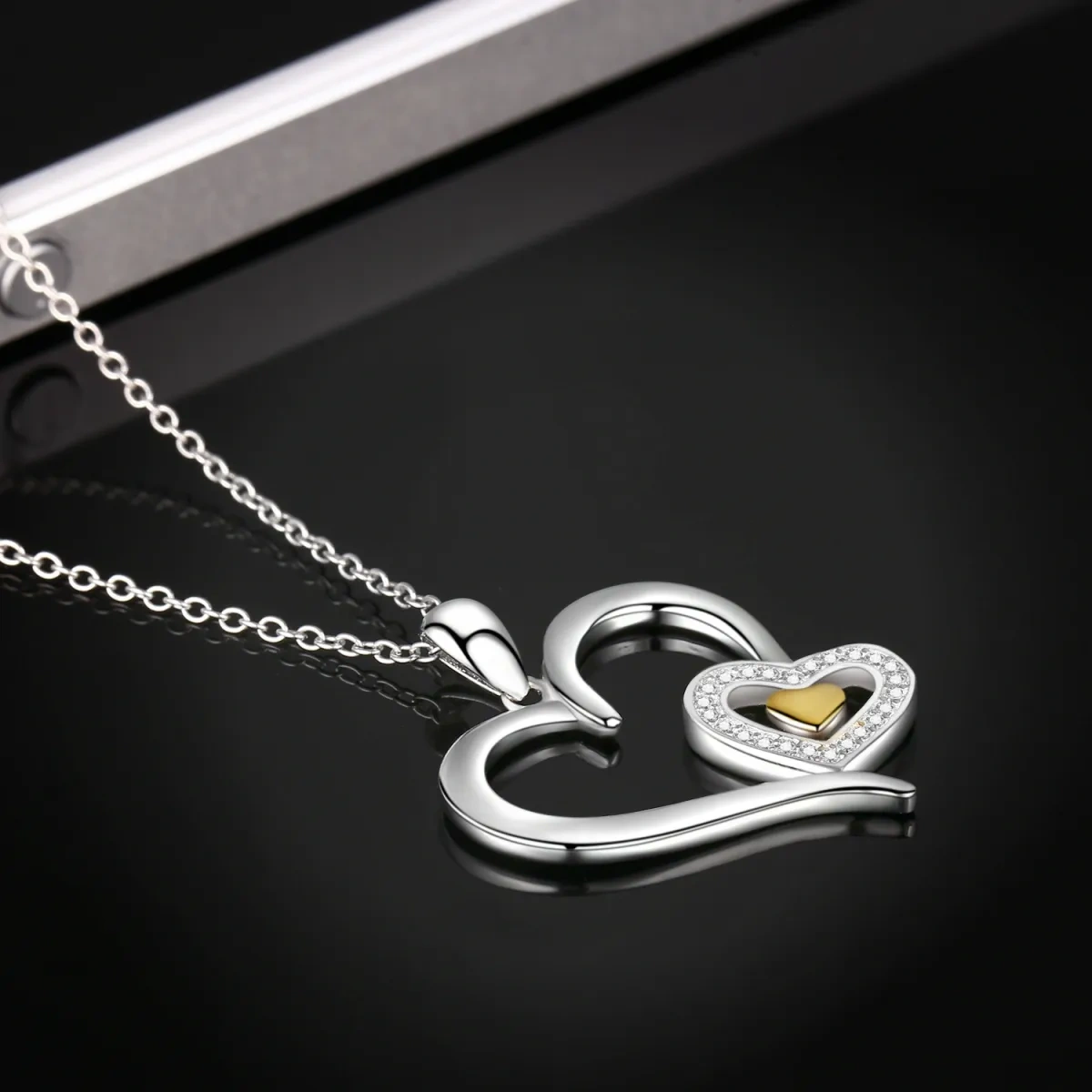 Sterling Silver Two-Tone Circular Cubic Zirconia Interlocking Hearts Pendant Necklace-2