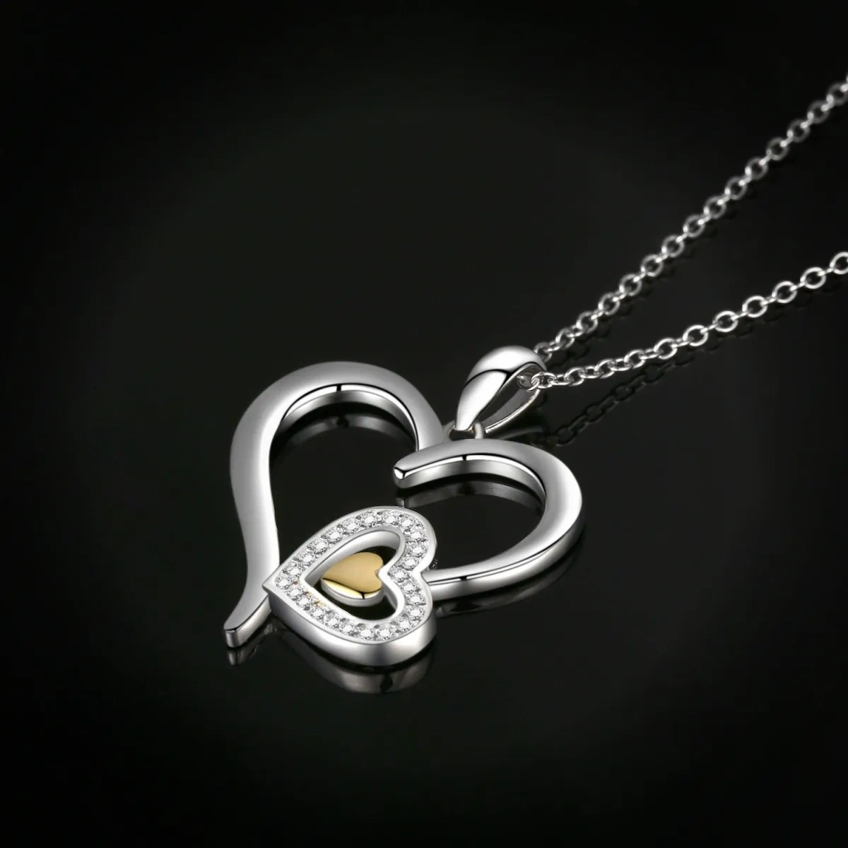 Sterling Silver Two-Tone Circular Cubic Zirconia Interlocking Hearts Pendant Necklace-3