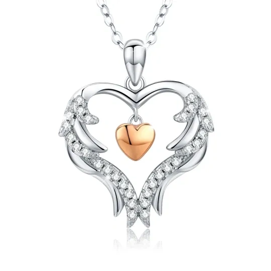 Sterling Silver Two-tone Circular Shaped Cubic Zirconia Heart Pendant Necklace