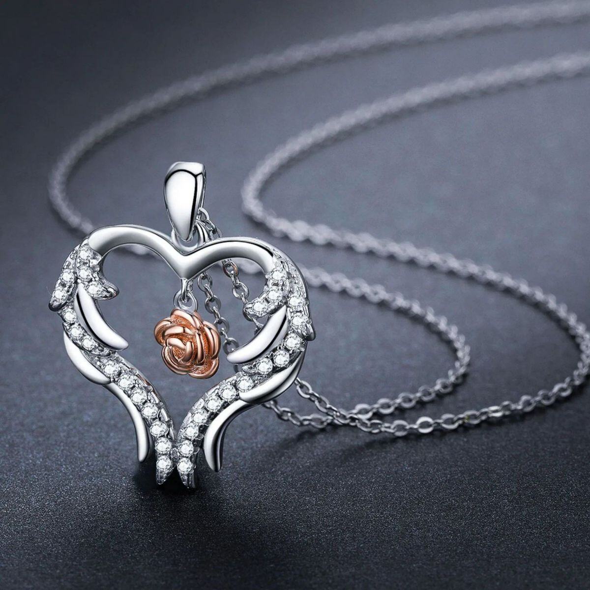 Sterling Silver Two-tone Circular Shaped Cubic Zirconia Heart Pendant Necklace-3