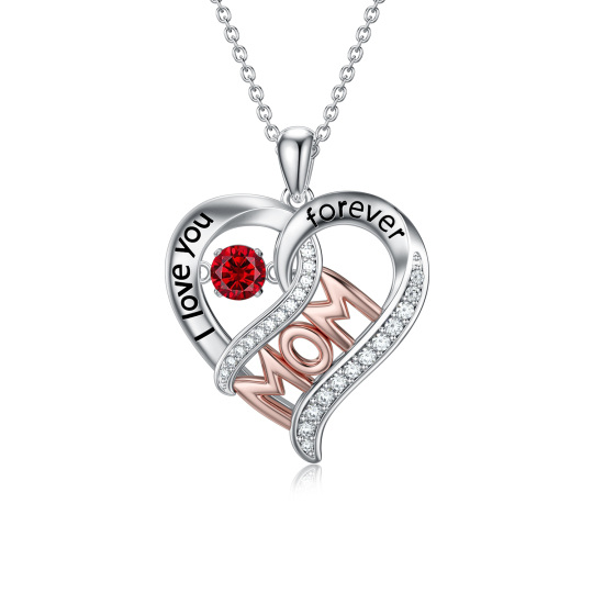 Sterling Silver Two-tone Circular Shaped Cubic Zirconia Heart Pendant Necklace with Engraved Word