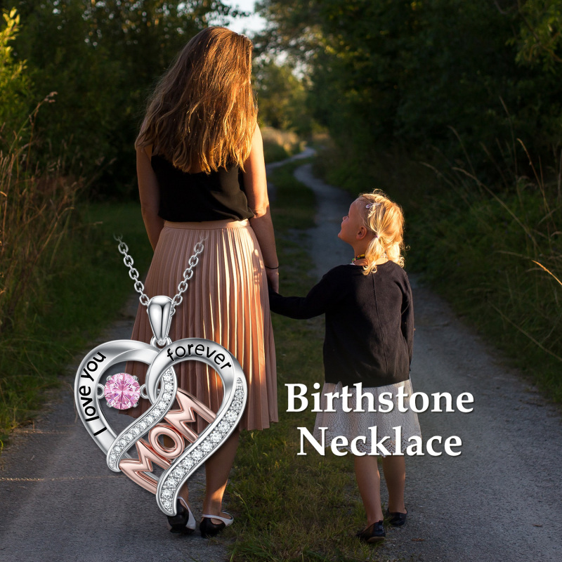 Collier pendentif mère en argent sterling avec zircone cubique bicolore et mot gravé-6