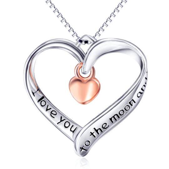 Sterling Silver Two-tone Circular Shaped Heart Pendant Necklace with Engraved Word