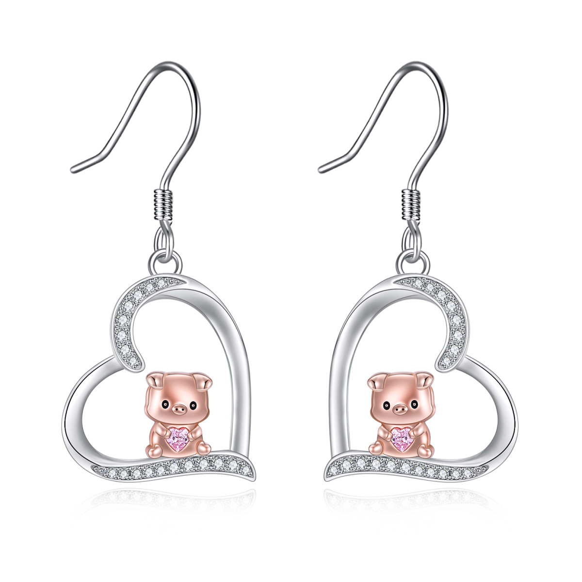 Sterling Silver Two-Tone Heart Cubic Zirconia Pig Drop Earrings For Women Best Friends-1