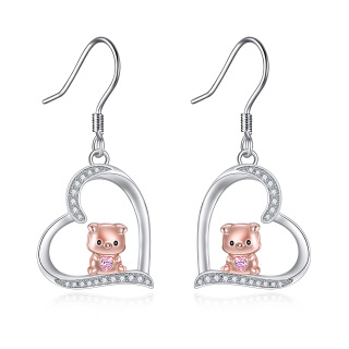 Sterling Silver Two-Tone Heart Cubic Zirconia Pig Drop Earrings For Women Best Friends-12