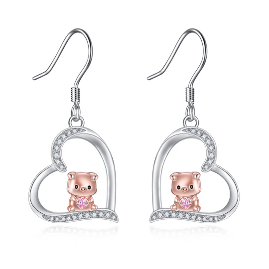 Sterling Silver Two-tone Circular Shaped & Heart Shaped Cubic Zirconia Pig & Heart Drop Earrings