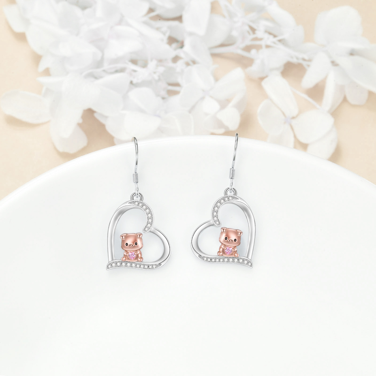 Sterling Silver Two-Tone Heart Cubic Zirconia Pig Drop Earrings For Women Best Friends-3