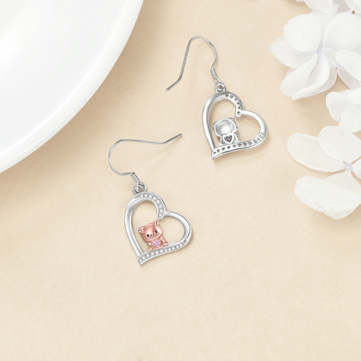 Sterling Silver Two-Tone Heart Cubic Zirconia Pig Drop Earrings For Women Best Friends-4