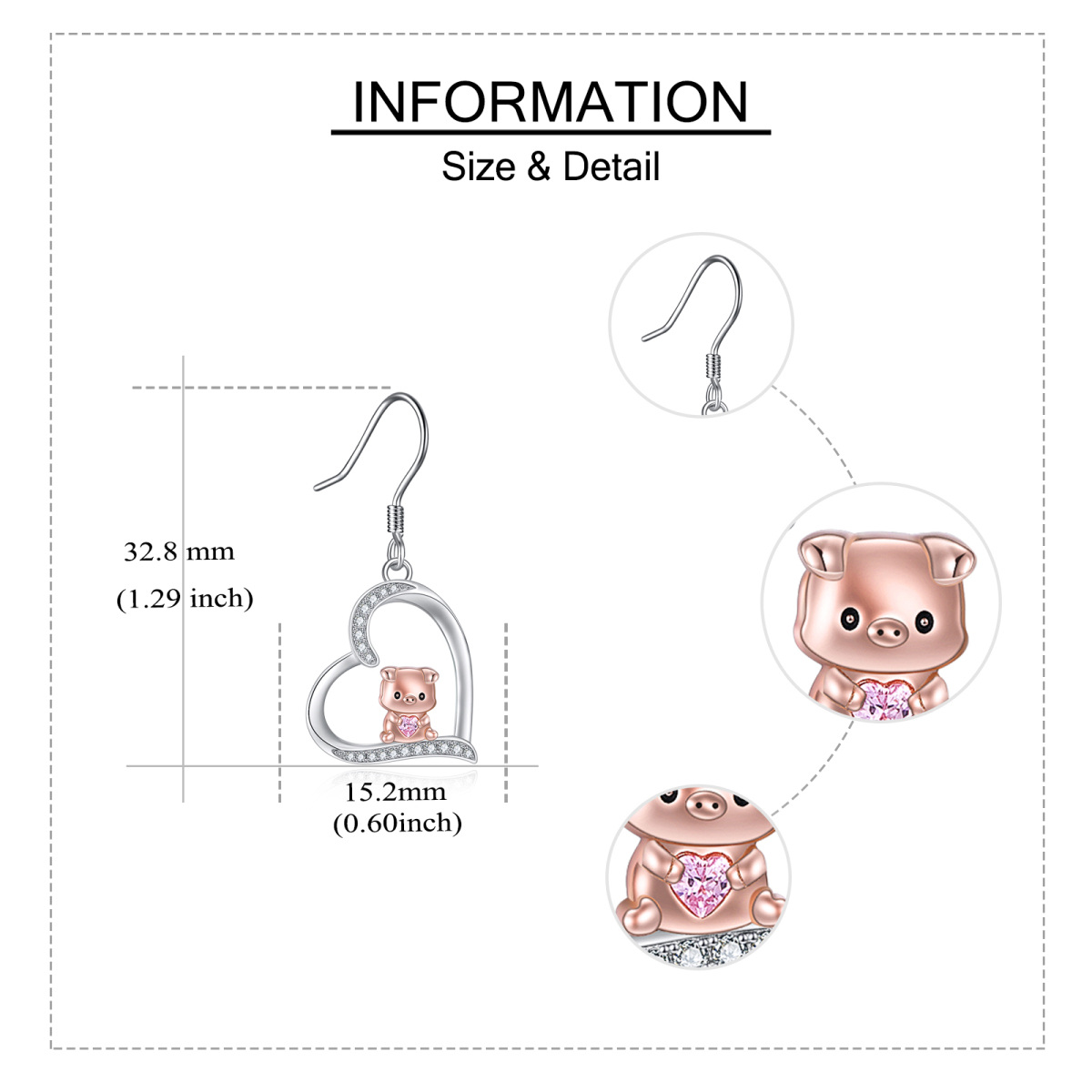 Sterling Silver Two-Tone Heart Cubic Zirconia Pig Drop Earrings For Women Best Friends-5