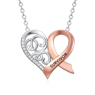 Sterling Silver Two-tone Circular Shaped Cubic Zirconia Heart & Ribbon Pendant Necklace with Engraved Word-3