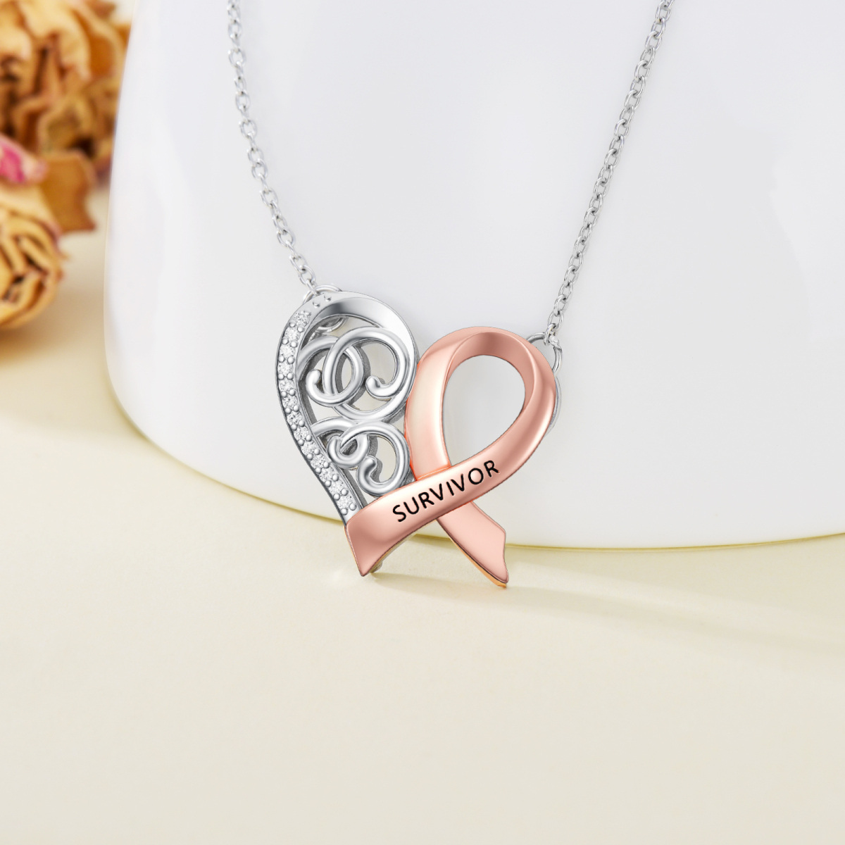 Sterling Silver Two-tone Circular Shaped Cubic Zirconia Heart & Ribbon Pendant Necklace with Engraved Word-3