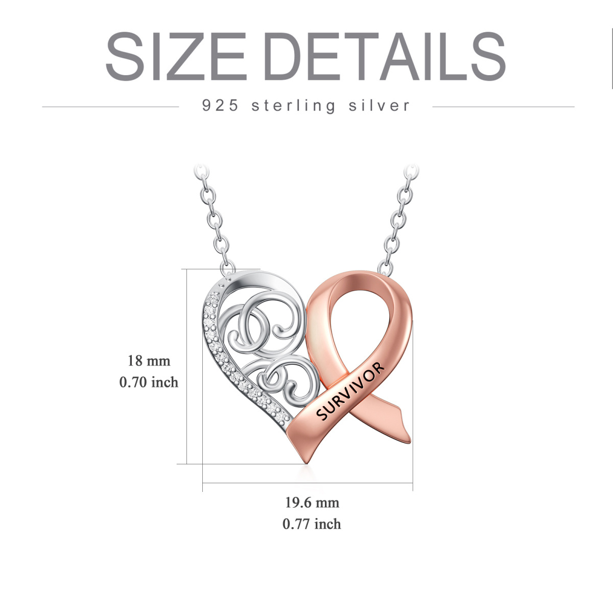 Sterling Silver Two-tone Circular Shaped Cubic Zirconia Heart & Ribbon Pendant Necklace with Engraved Word-5