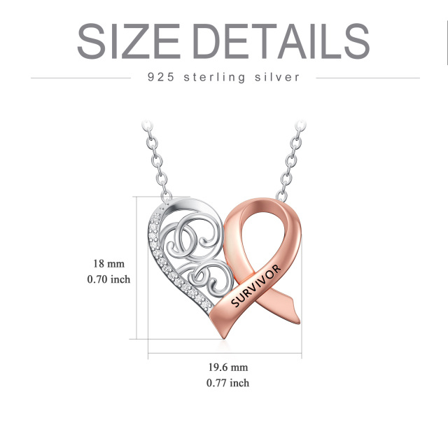 Sterling Silver Two-tone Circular Shaped Cubic Zirconia Heart & Ribbon Pendant Necklace with Engraved Word-5