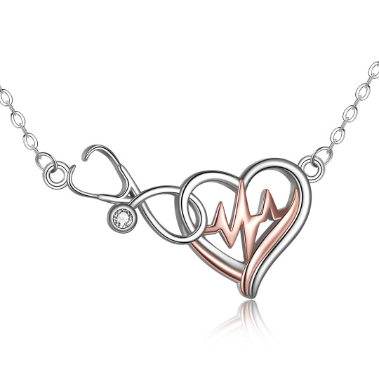 Collana in argento sterling bicolore a forma circolare con cuore e stetoscopio in zirconia cubica