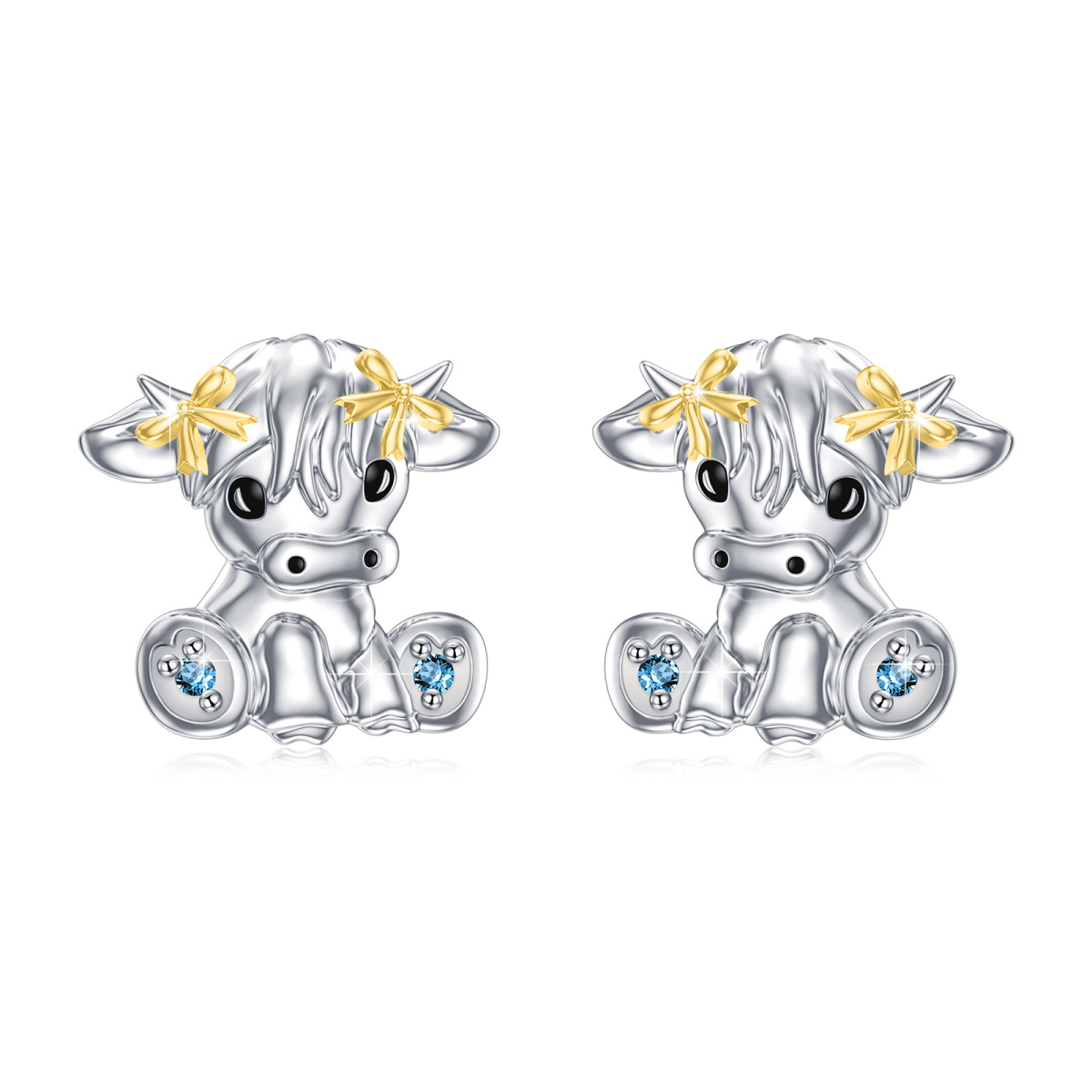 Sterling Silver Two-tone Circular Shaped Cubic Zirconia Highland Cow & Bow Stud Earrings-1