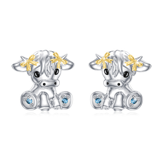 Sterling Silver Two-tone Circular Shaped Cubic Zirconia Highland Cow & Bow Stud Earrings