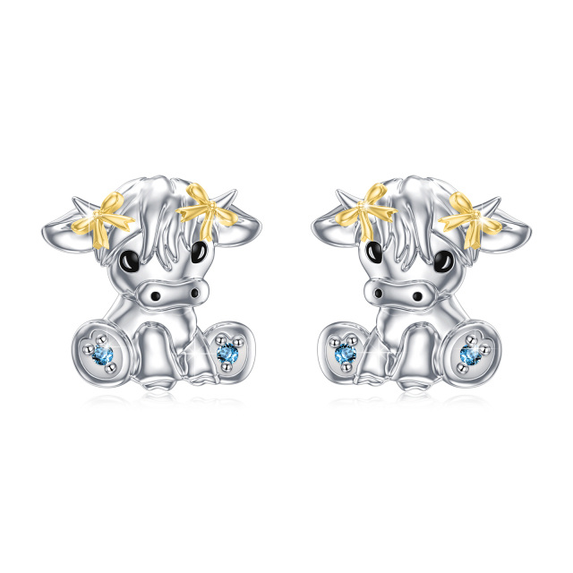 Sterling Silber zweifarbige kreisförmige Cubic Zirkonia Highland Cow & Bow Ohrstecker-1