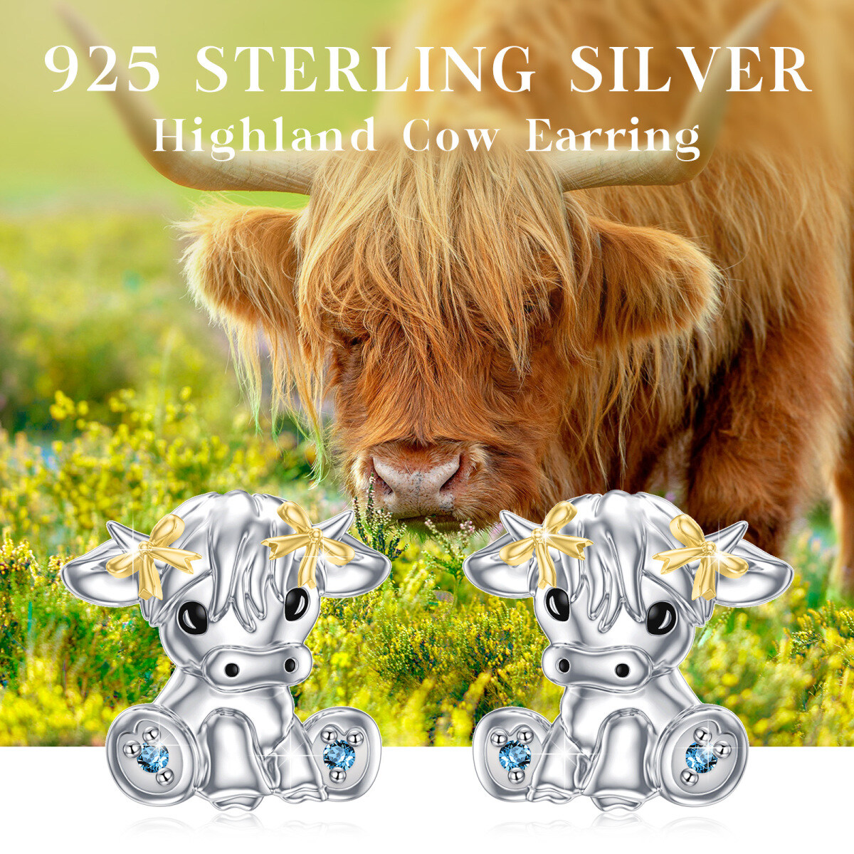 Sterling Silver Two-tone Circular Shaped Cubic Zirconia Highland Cow & Bow Stud Earrings-4