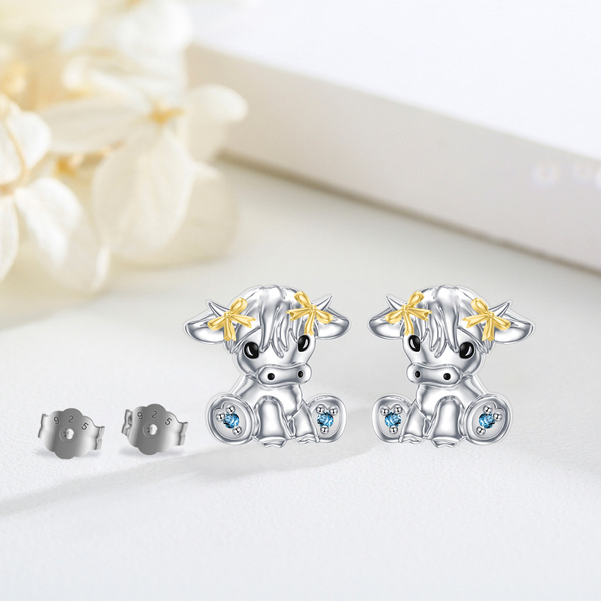 Sterling Silver Two-tone Circular Shaped Cubic Zirconia Highland Cow & Bow Stud Earrings-5