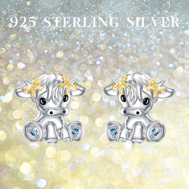 Sterling Silver Two-tone Circular Shaped Cubic Zirconia Highland Cow & Bow Stud Earrings-6