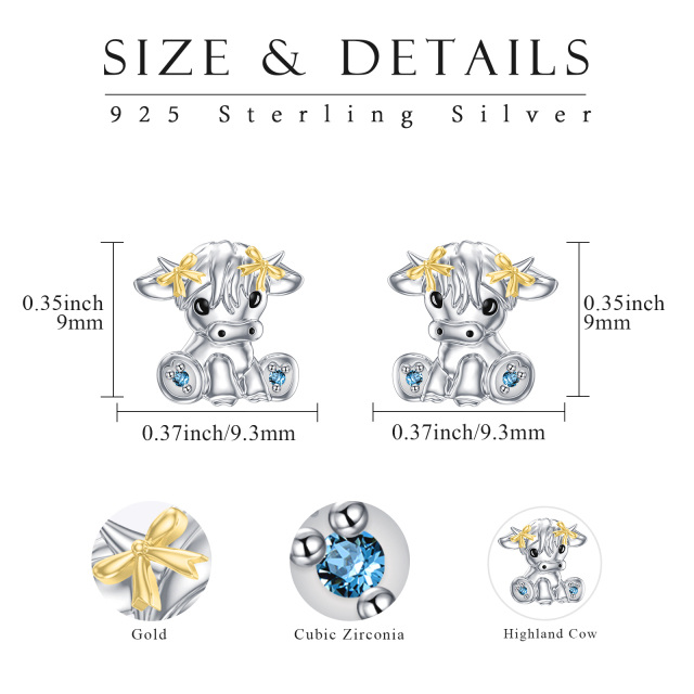 Sterling Silver Two-tone Circular Shaped Cubic Zirconia Highland Cow & Bow Stud Earrings-7