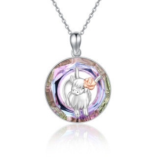 Sterling Silver Two-tone Circular Shaped Highland Cow Crystal Pendant Necklace-57