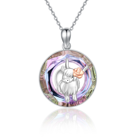 Collana con ciondolo di cristallo in argento sterling bicolore a forma di cerchio di mucca delle Highlands