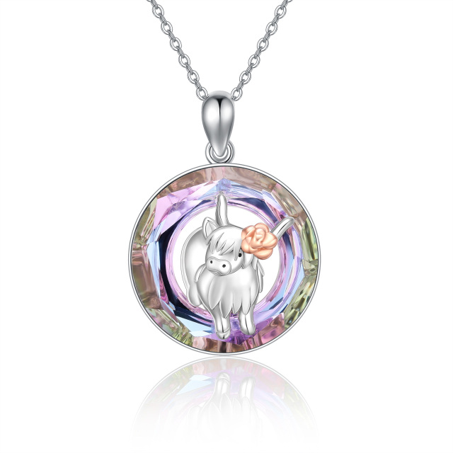 Sterling Silver Two-tone Circular Shaped Highland Cow Crystal Pendant Necklace-3