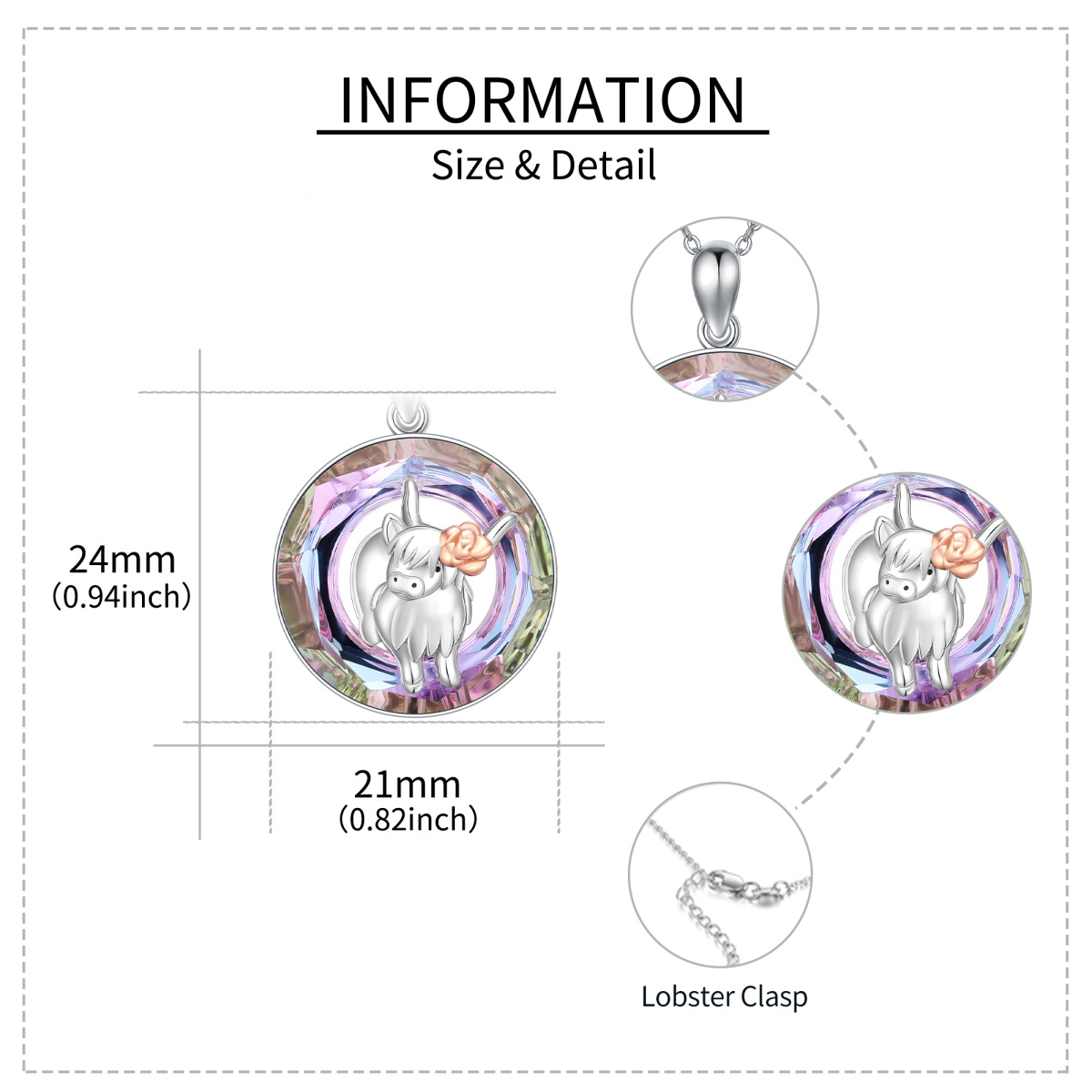 Plata de ley de dos tonos Circular en forma de Highland Vaca Collar Colgante de Cristal-5