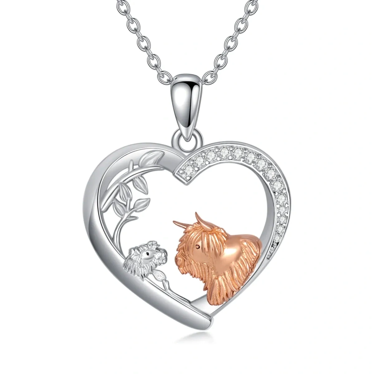 Sterling Silver Two-tone Circular Shaped Cubic Zirconia Highland Cow & Heart Pendant Necklace-1