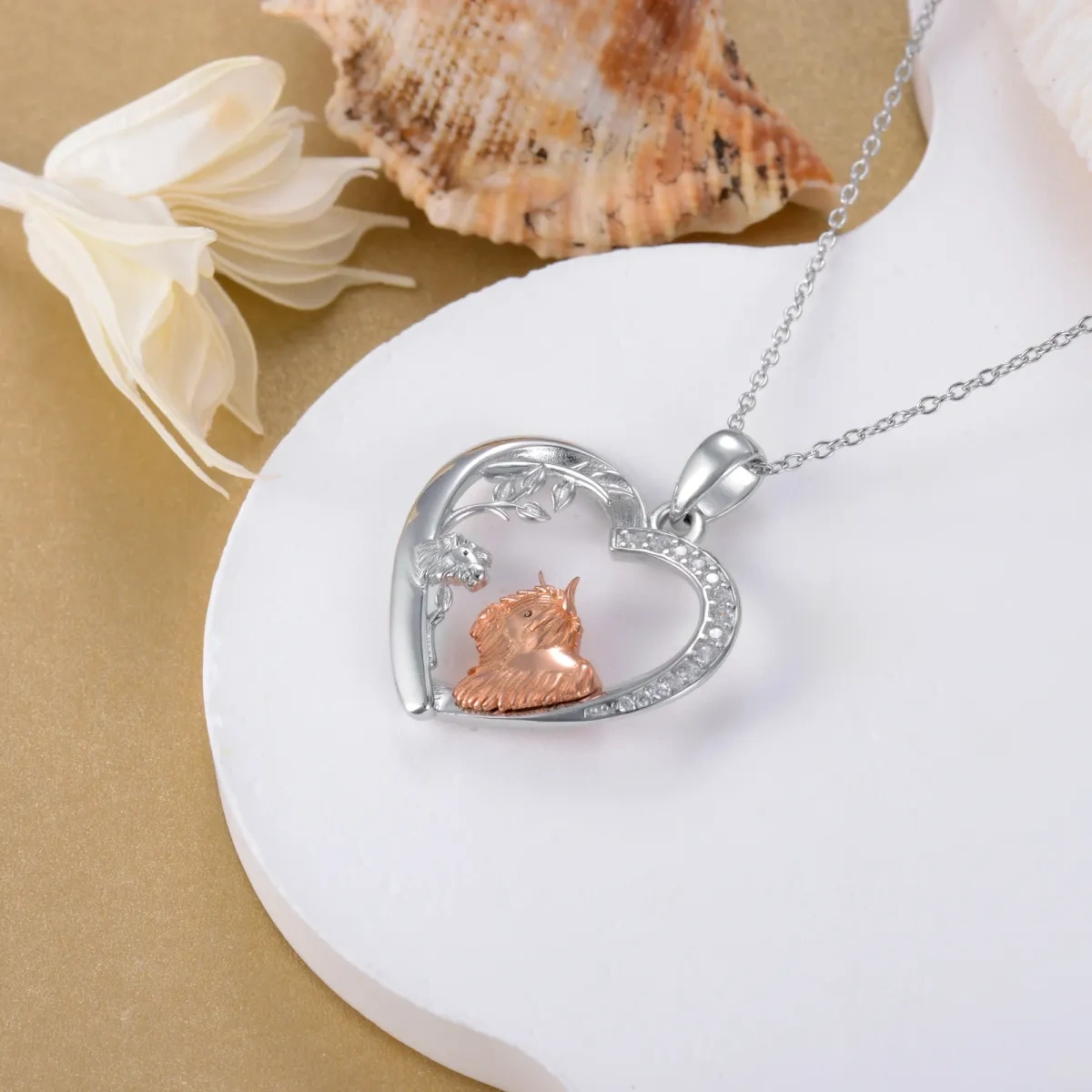 Sterling Silver Two-tone Circular Shaped Cubic Zirconia Highland Cow & Heart Pendant Necklace-3