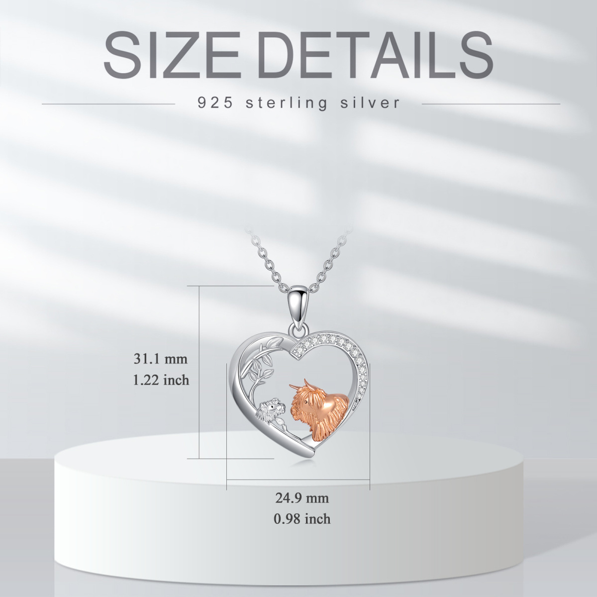 Sterling Silber zweifarbig kreisförmig Cubic Zirkonia Highland Kuh & Herz Anhänger Halsket-5