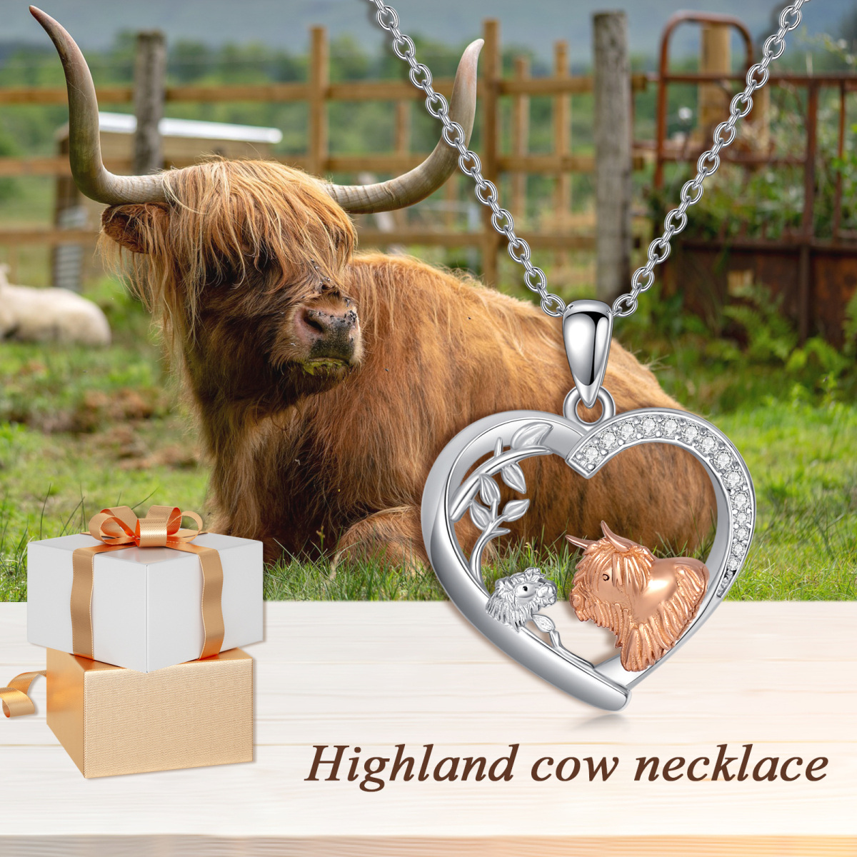 Sterling Silver Two-tone Circular Shaped Cubic Zirconia Highland Cow & Heart Pendant Necklace-6