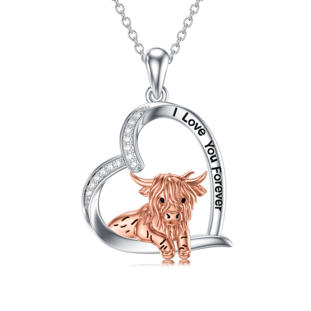 Sterling zilveren tweekleurige cirkelvormige cubic zirkonia Highland koe & hart hanger ketting met gegraveerd woord-1