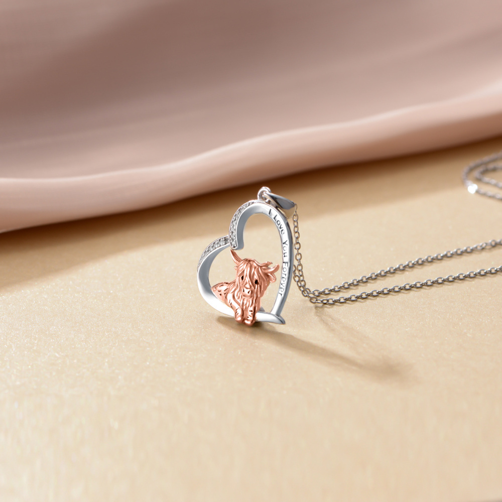 Sterling zilveren tweekleurige cirkelvormige cubic zirkonia Highland koe & hart hanger ketting met gegraveerd woord-4