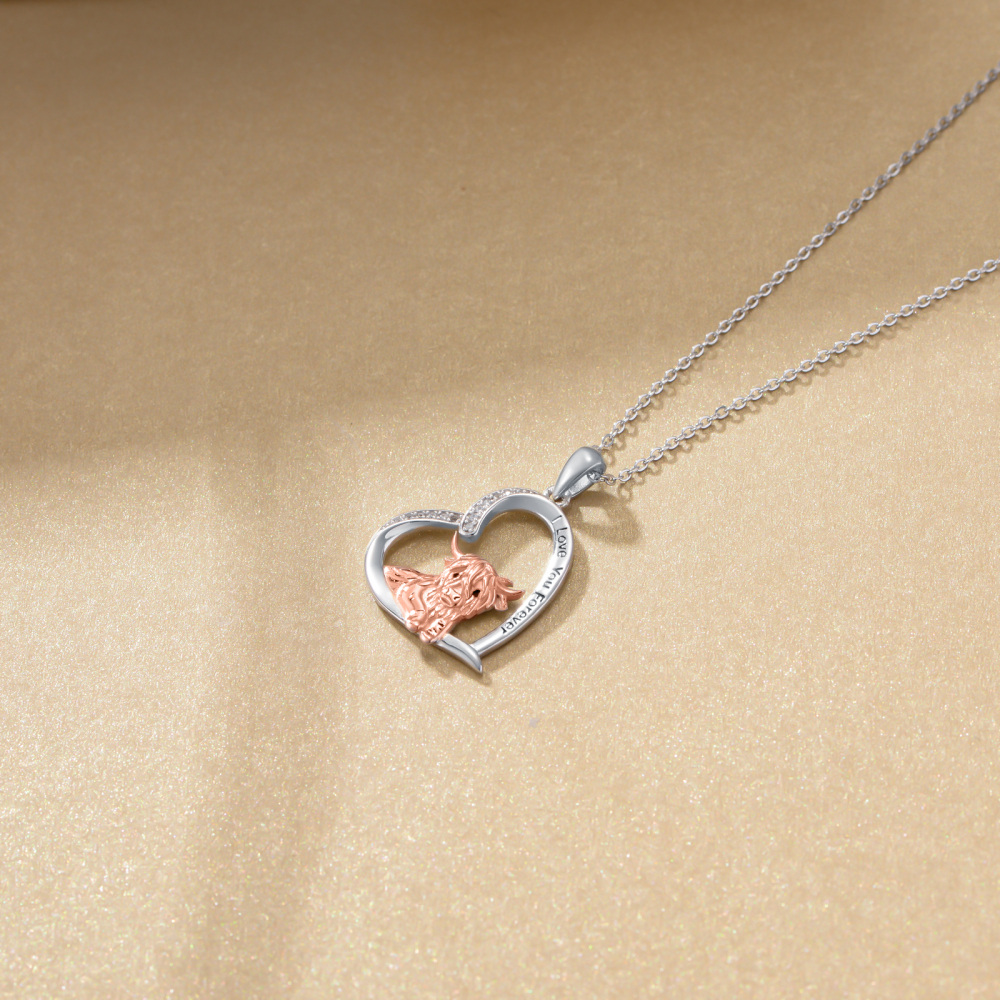 Sterling zilveren tweekleurige cirkelvormige cubic zirkonia Highland koe & hart hanger ketting met gegraveerd woord-5