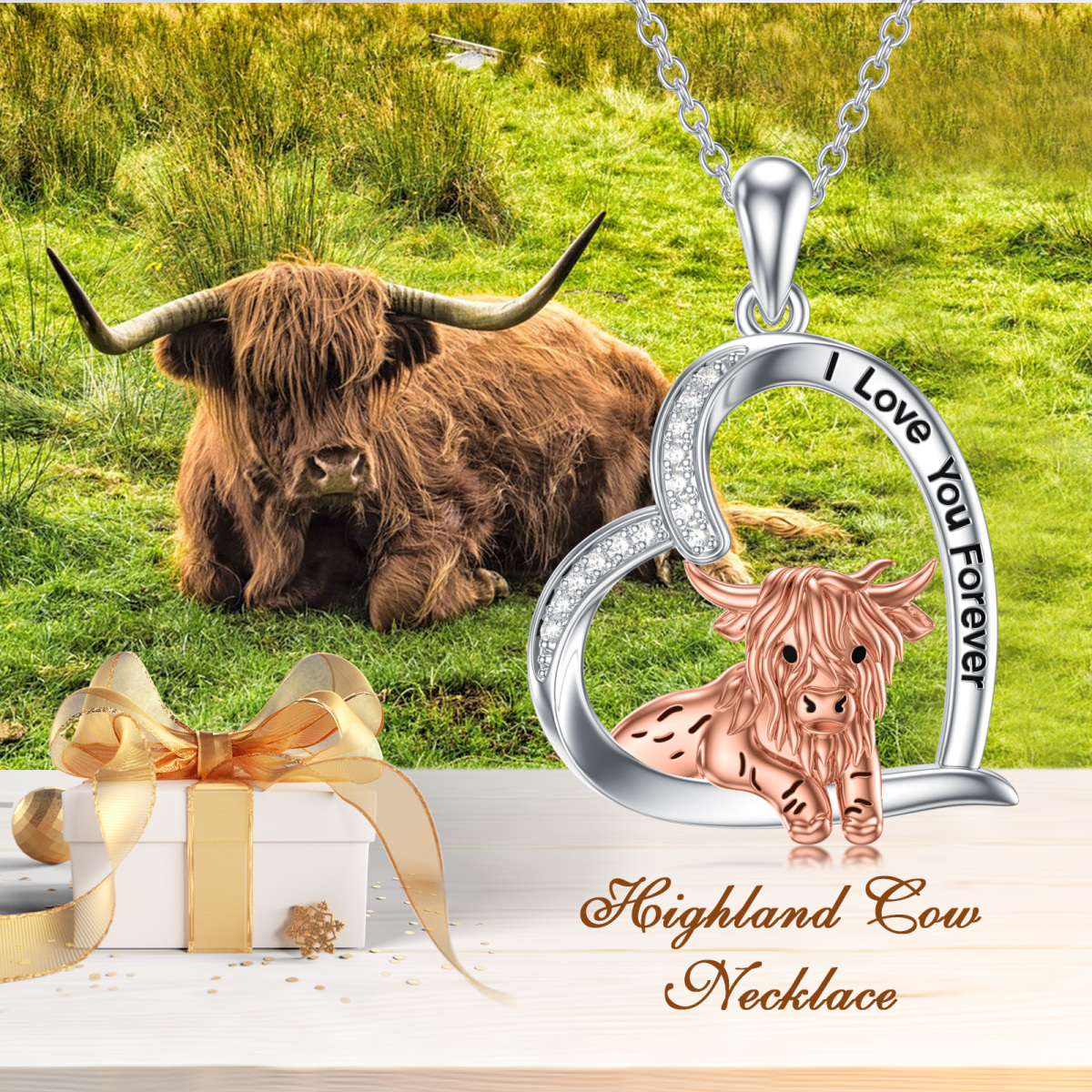 Sterling Silver Two-tone Circular Shaped Cubic Zirconia Highland Cow & Heart Pendant Necklace with Engraved Word-6