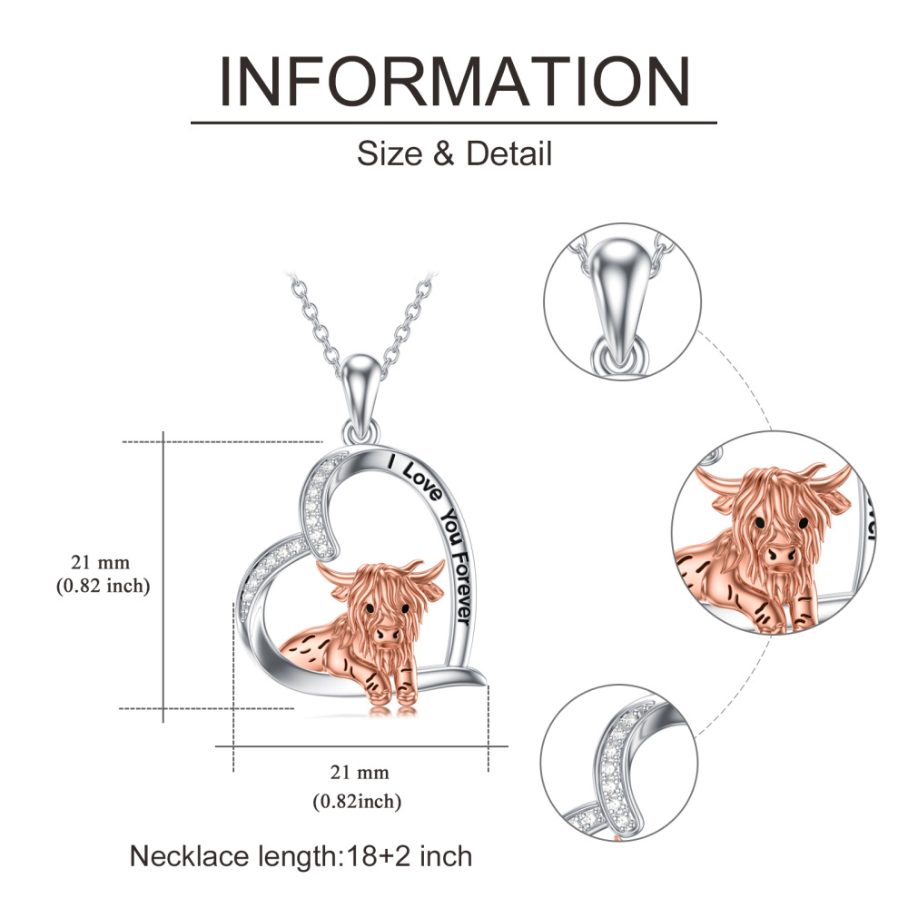 Sterling zilveren tweekleurige cirkelvormige cubic zirkonia Highland koe & hart hanger ketting met gegraveerd woord-7