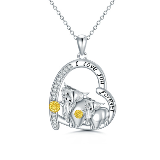 Sterling zilveren tweekleurige cirkelvormige cubic zirkonia Highland koe & hart hanger ketting met gegraveerd woord