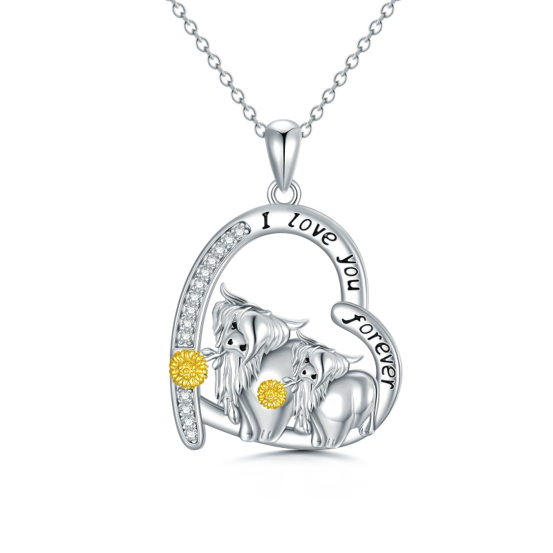 Sterling Silver Two-tone Circular Shaped Cubic Zirconia Highland Cow & Heart Pendant Necklace with Engraved Word-5