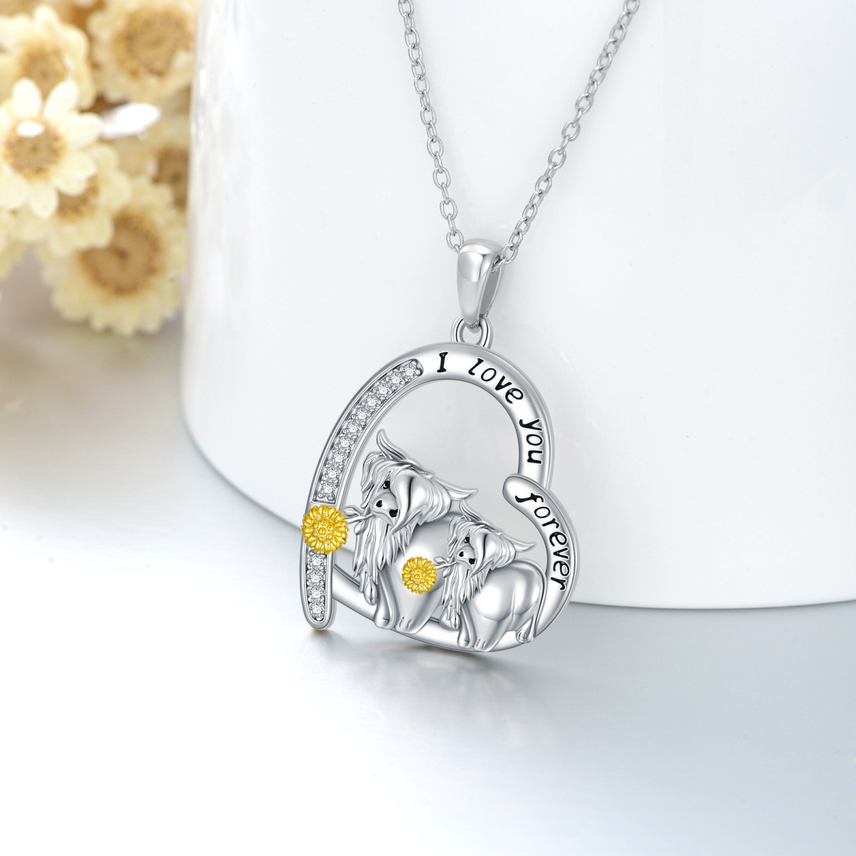 Sterling Silver Two-tone Circular Shaped Cubic Zirconia Highland Cow & Heart Pendant Necklace with Engraved Word-3